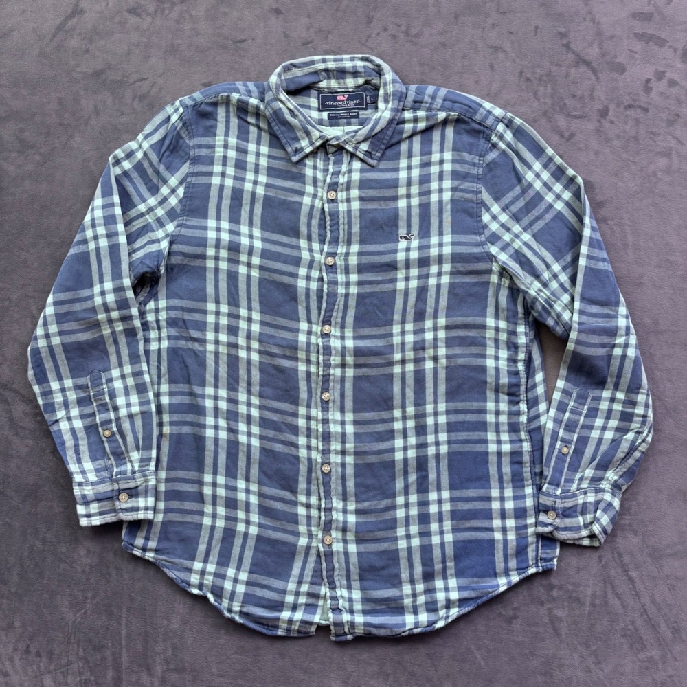 Vineyard Vines Mens Slim Fit Whale Shirt Blue Green Plaid Flannel Large L